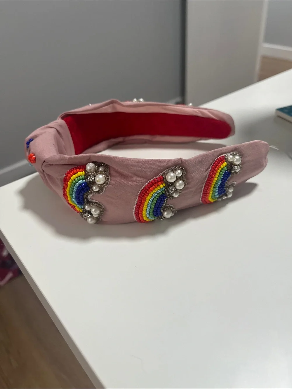 Pink Headband with Rainbow Bead Embellishments